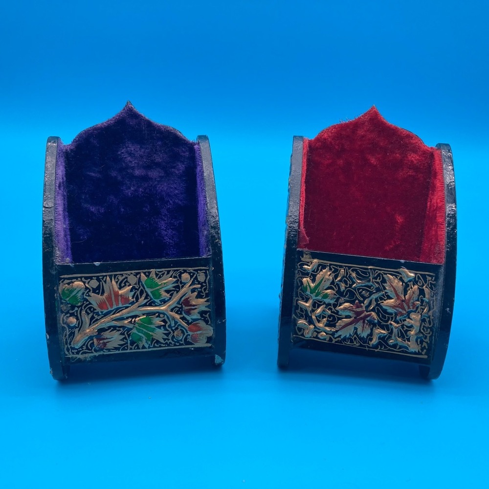 Vintage Hand-Painted Lacquerware Cradle Set Red Purple Velvet